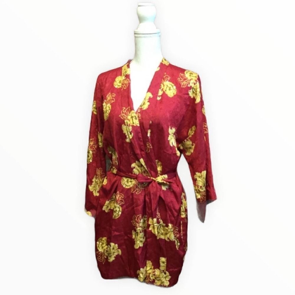 Vintage Victoria’s Secret Crown Label Floral Cranberry Gold Wrap Short Robe